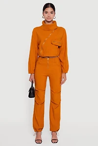 Womens Asymmetrical Zip Front Utility Jacket, Orange, Size L