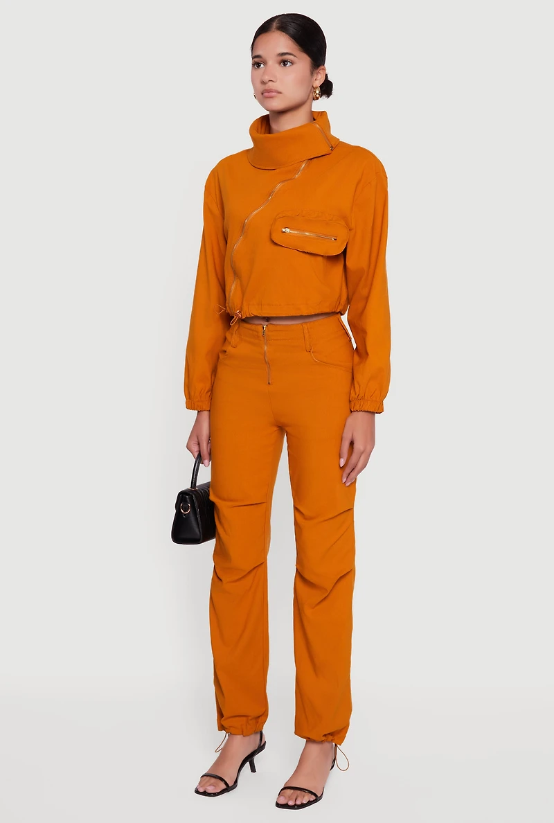 Womens Asymmetrical Zip Front Utility Jacket, Orange, Size L
