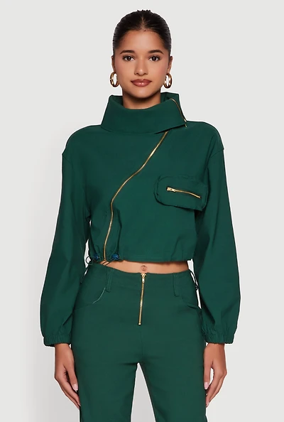 Womens Asymmetrical Zip Front Utility Jacket, Green, Size XL