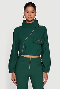 Womens Asymmetrical Zip Front Utility Jacket, Green, Size XL