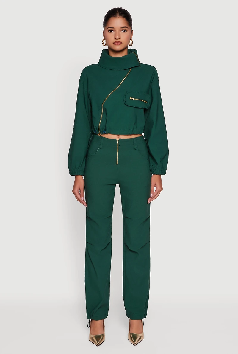 Womens Asymmetrical Zip Front Utility Jacket, Green, Size XL