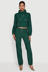 Womens Asymmetrical Zip Front Utility Jacket, Green, Size XL
