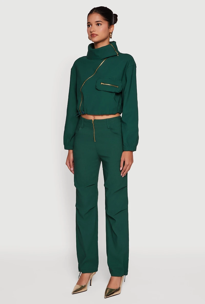 Womens Asymmetrical Zip Front Utility Jacket, Green, Size XL