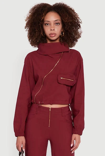 Womens Asymmetrical Zip Front Utility Jacket, Burgundy, Size XL