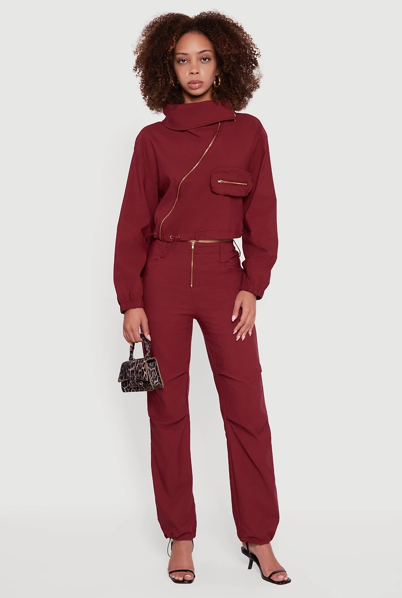 Womens Asymmetrical Zip Front Utility Jacket, Burgundy, Size XL