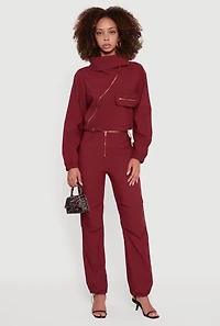 Womens Asymmetrical Zip Front Utility Jacket, Burgundy, Size XL