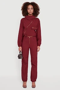 Womens Asymmetrical Zip Front Utility Jacket, Burgundy, Size XL