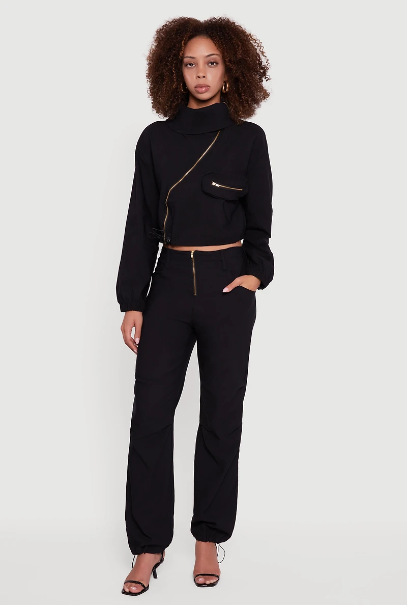 Mid Rise Zip Front Pants with Toggle Drawstring Hem