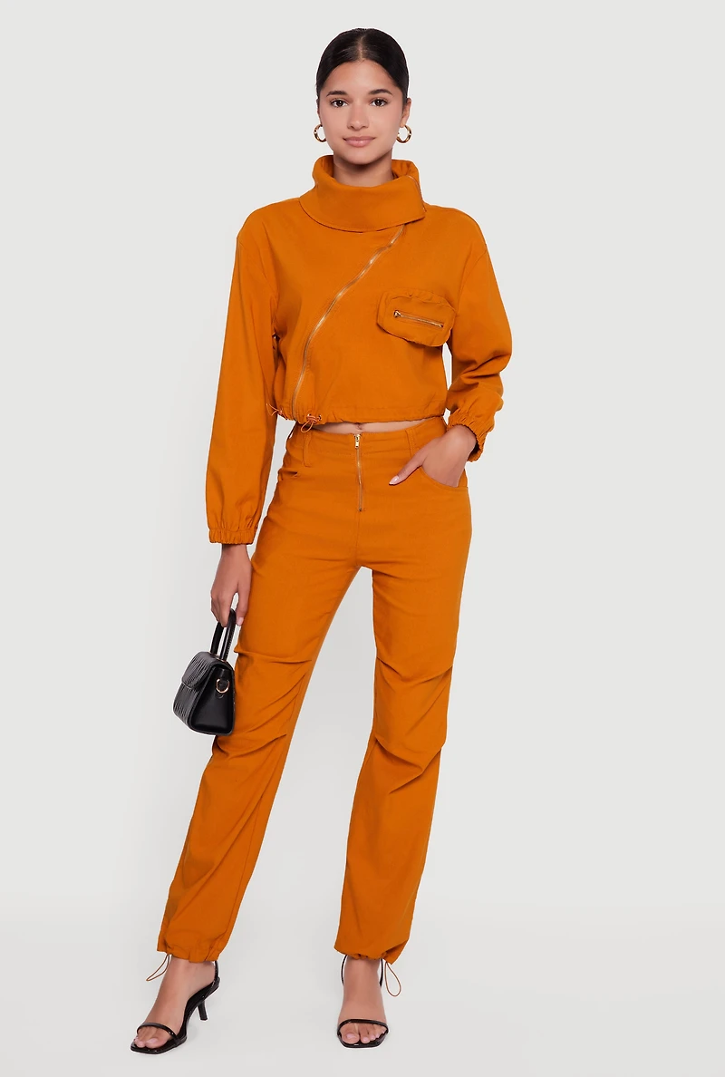 Mid Rise Zip Front Pants with Toggle Drawstring Hem