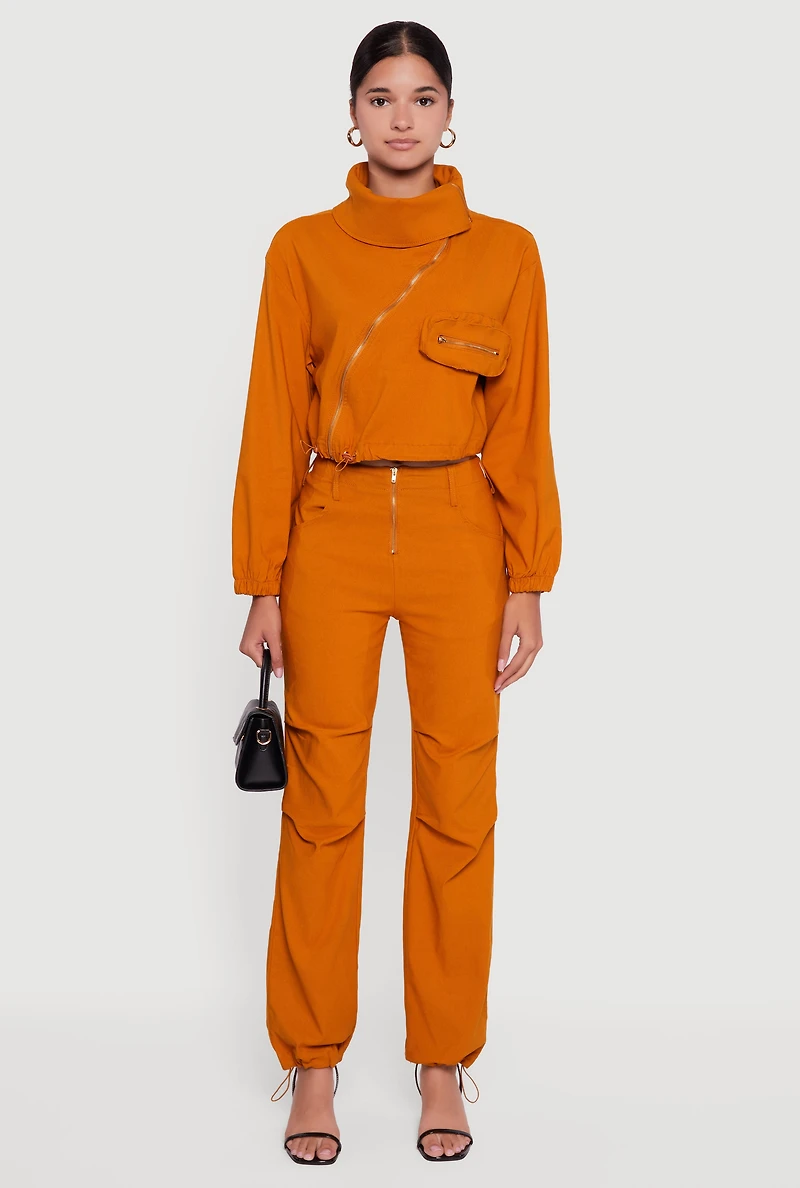 Womens Mid Rise Zip Front Pants with Toggle Drawstring Hem, Orange, Size M
