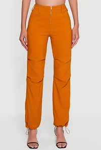 Womens Mid Rise Zip Front Pants with Toggle Drawstring Hem, Orange, Size M