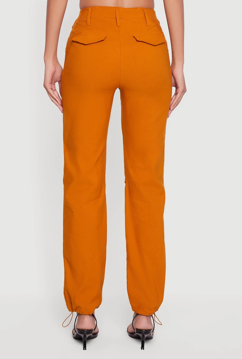 Womens Mid Rise Zip Front Pants with Toggle Drawstring Hem, Orange, Size M