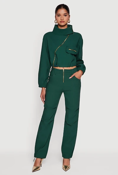 Womens Mid Rise Zip Front Pants with Toggle Drawstring Hem,