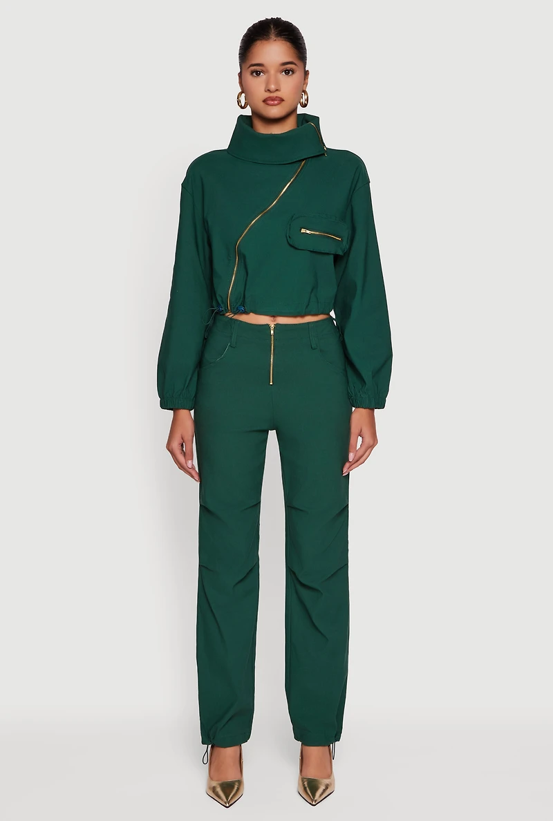 Womens Mid Rise Zip Front Pants with Toggle Drawstring Hem, Green, Size S