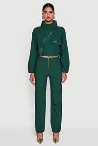 Womens Mid Rise Zip Front Pants with Toggle Drawstring Hem, Green, Size S