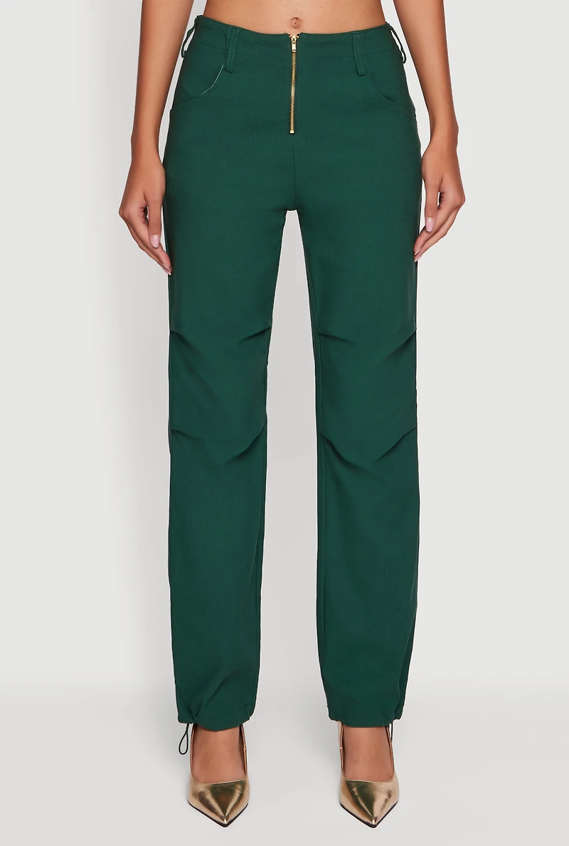 Womens Mid Rise Zip Front Pants with Toggle Drawstring Hem, Green, Size S