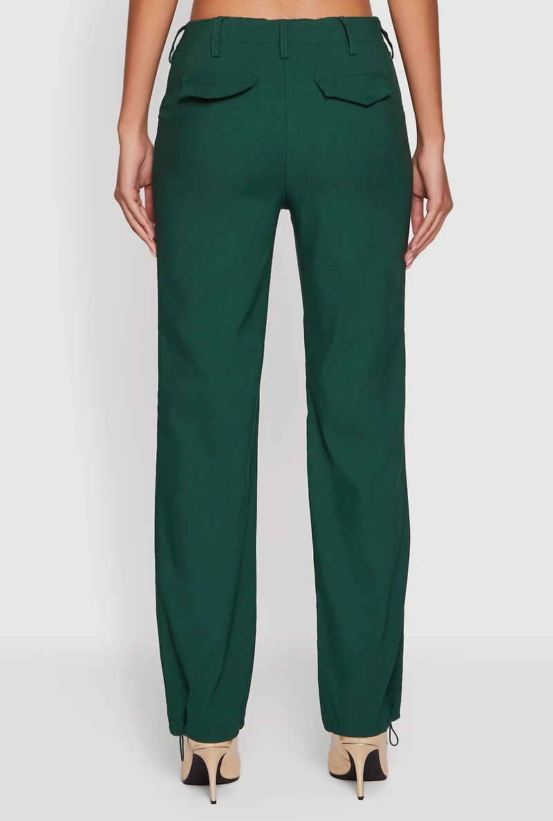 Womens Mid Rise Zip Front Pants with Toggle Drawstring Hem, Green, Size S