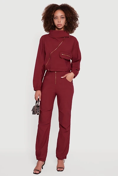 Womens Mid Rise Zip Front Pants with Toggle Drawstring Hem,