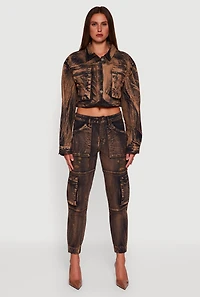 Womens Acid Wash Distressed Denim Cargo Joggers, Brown, Size M