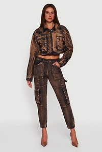 Womens Acid Wash Distressed Denim Cargo Joggers, Brown, Size M