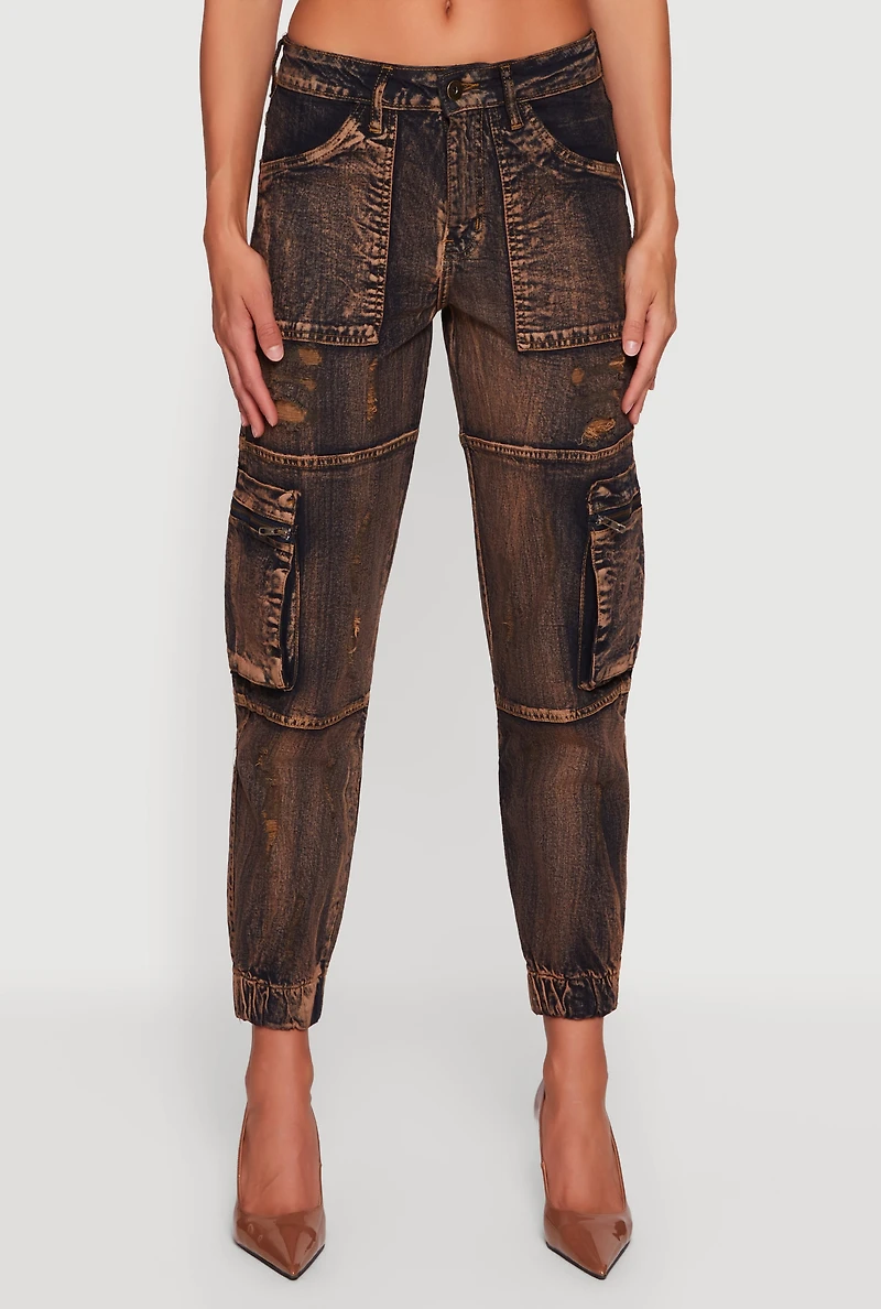 Womens Acid Wash Distressed Denim Cargo Joggers, Brown, Size M