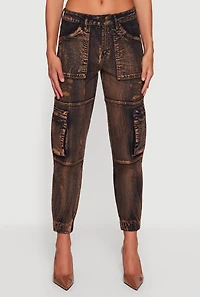Womens Acid Wash Distressed Denim Cargo Joggers, Brown, Size M