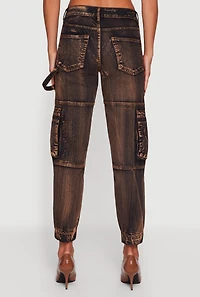 Womens Acid Wash Distressed Denim Cargo Joggers, Brown, Size M