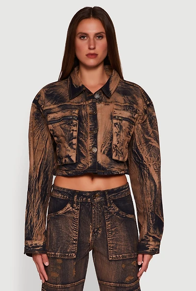 Womens Acid Wash Cropped Denim Shacket, Brown, Size M