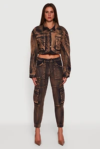 Womens Acid Wash Cropped Denim Shacket, Brown, Size M