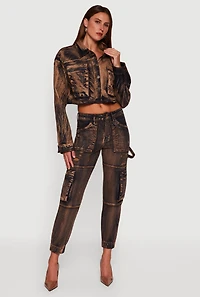 Womens Acid Wash Cropped Denim Shacket, Brown, Size M