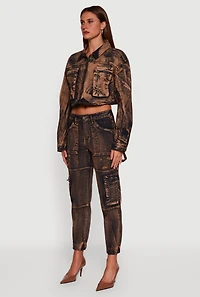 Womens Acid Wash Cropped Denim Shacket, Brown, Size M