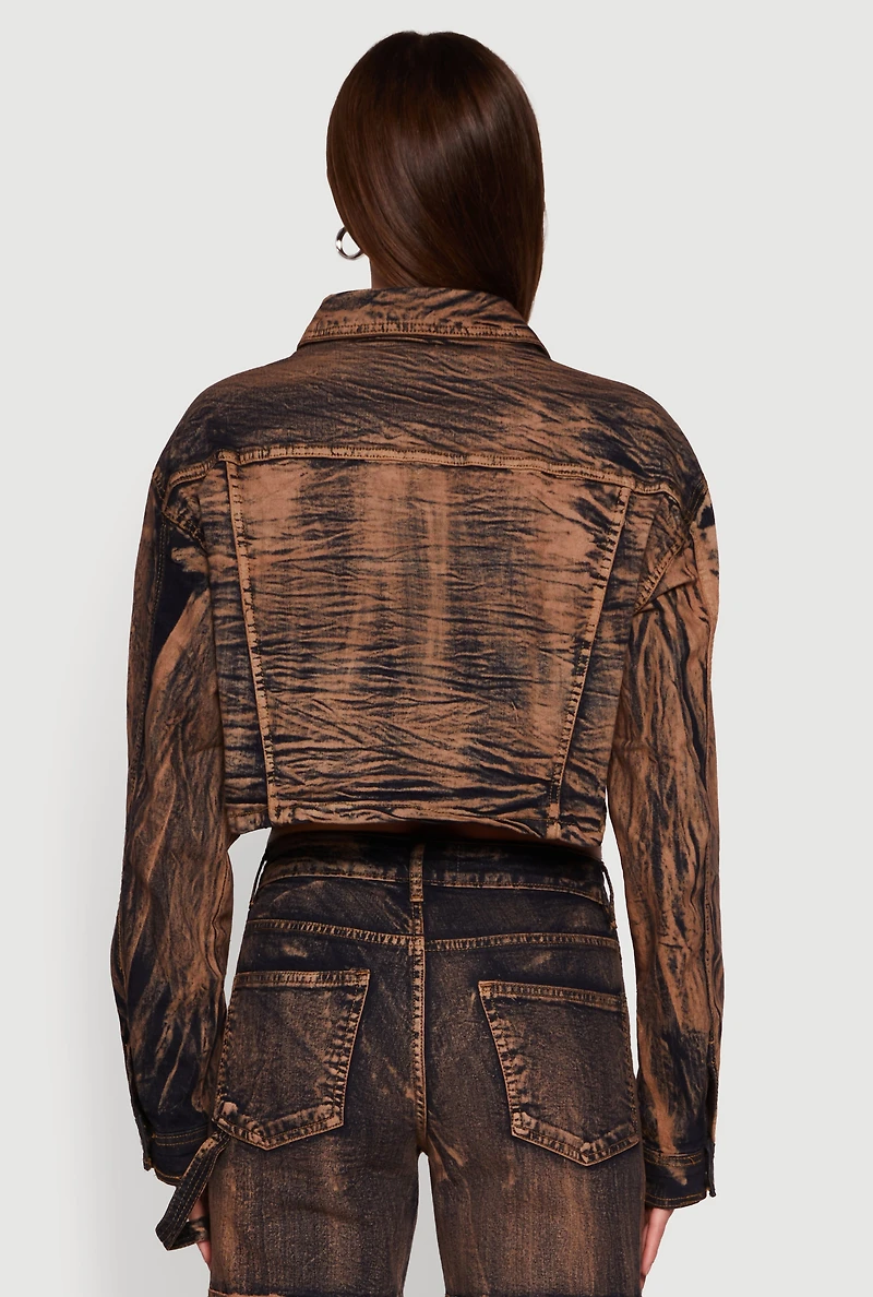 Womens Acid Wash Cropped Denim Shacket, Brown, Size M