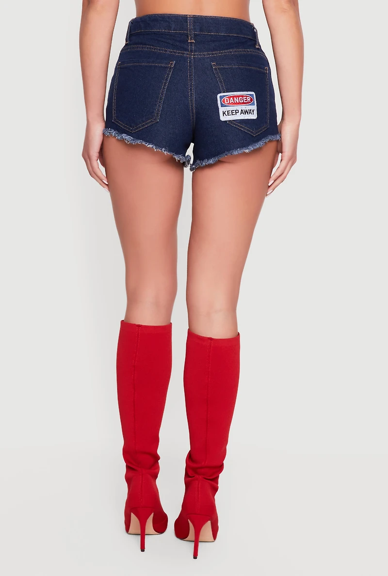 Embroidered Patch Graphic Raw Hem Denim Shorts