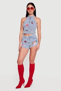 Embroidered Patch Graphic Raw Hem Denim Shorts