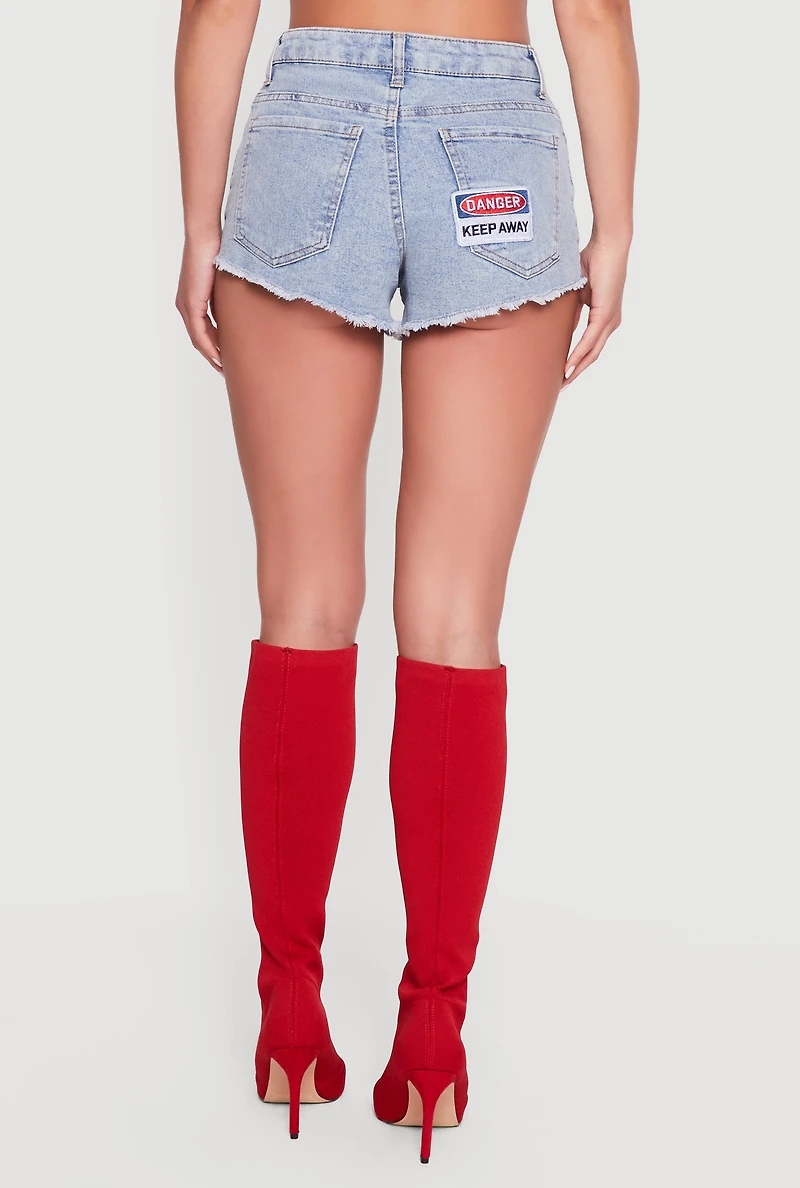 Embroidered Patch Graphic Raw Hem Denim Shorts
