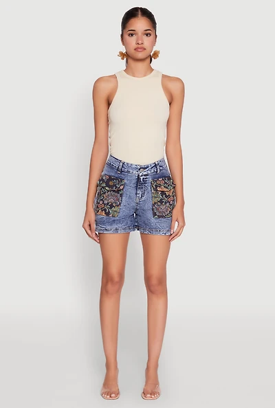Womens Trendy Floral Jacquard Cargo Pocket Denim Shorts, Blue, Size L