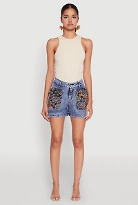 Womens Trendy Floral Jacquard Cargo Pocket Denim Shorts, Blue, Size L
