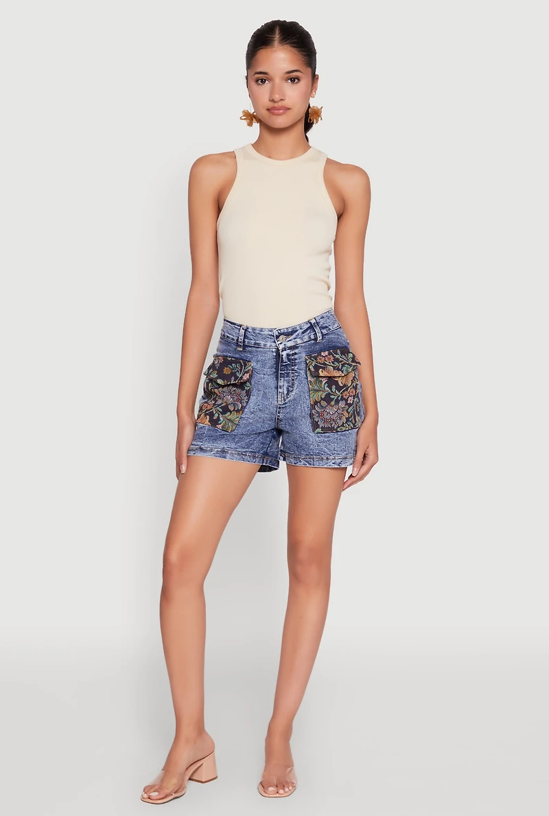 Trendy Floral Jacquard Cargo Pocket Denim Shorts