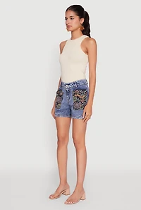 Womens Trendy Floral Jacquard Cargo Pocket Denim Shorts, Blue, Size L