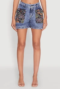 Womens Trendy Floral Jacquard Cargo Pocket Denim Shorts, Blue, Size L