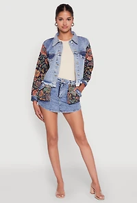 Womens Floral Jacquard High Waisted Denim Skort, Blue, Size M