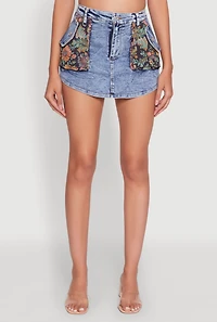 Womens Floral Jacquard High Waisted Denim Skort, Blue, Size M