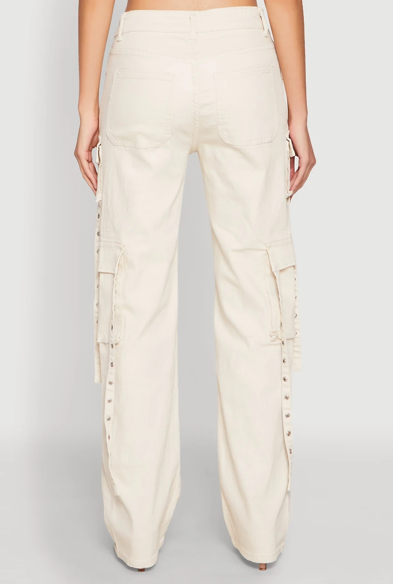 Womens Mineral Wash Pintuck Cargo Jeans, Khaki, Size 7