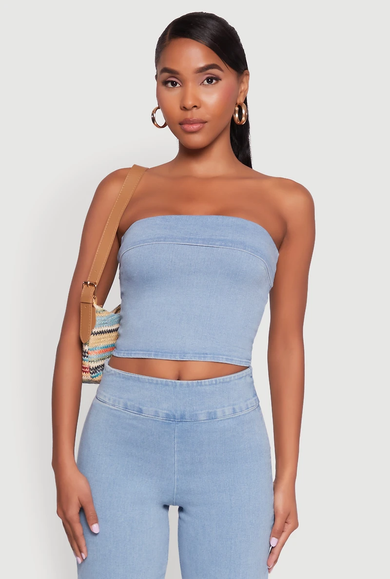 Womens Haute Monde Denim Cropped Tube Top, Blue,