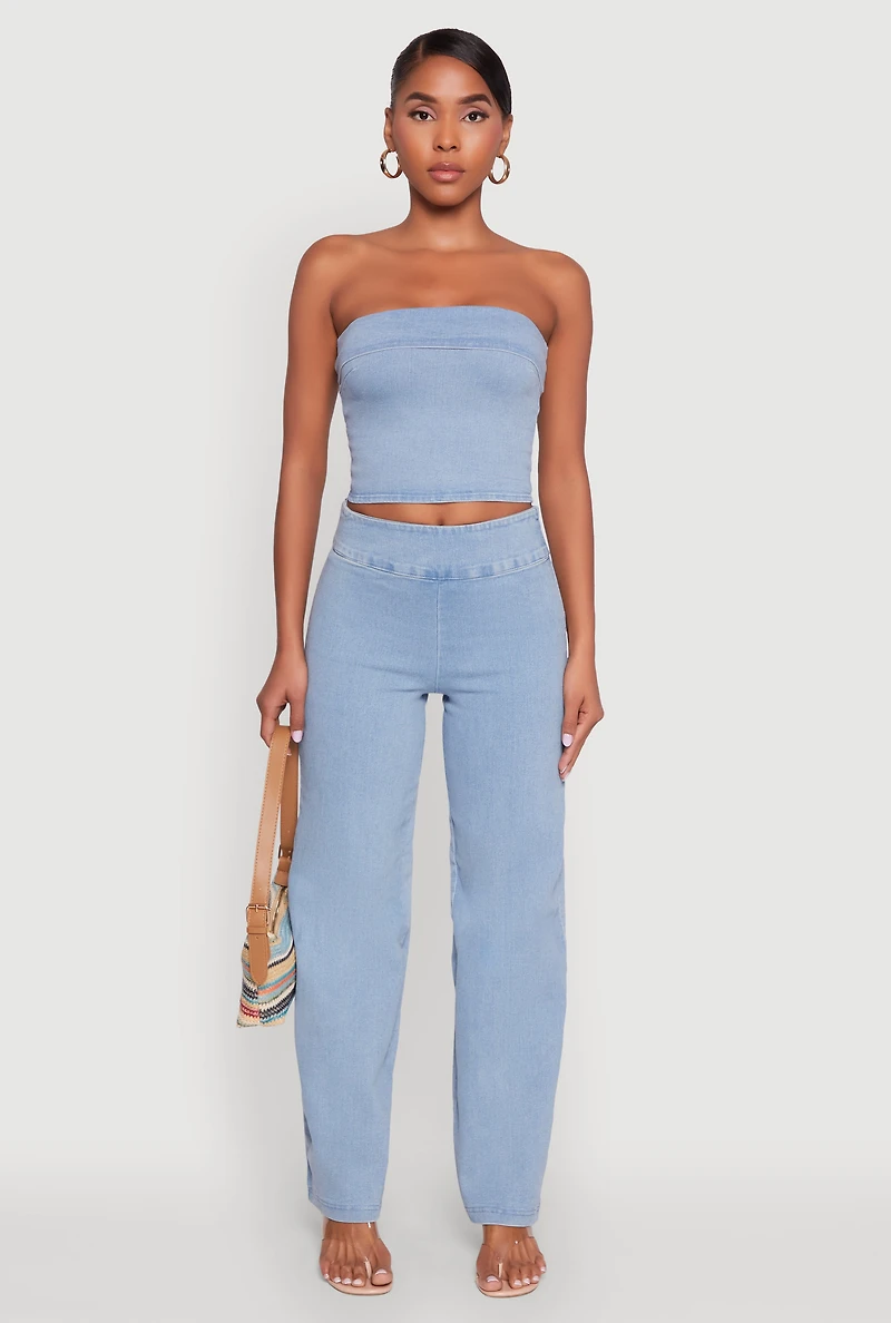 Womens Haute Monde Denim Cropped Tube Top, Blue,
