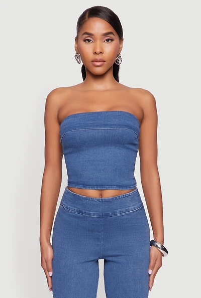 Womens Haute Monde Denim Cropped Tube Top, Blue,