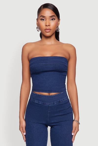 Womens Haute Monde Denim Cropped Tube Top, Blue, Size L