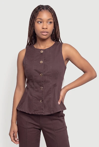 Metallic Button Front Denim Blazer Vest