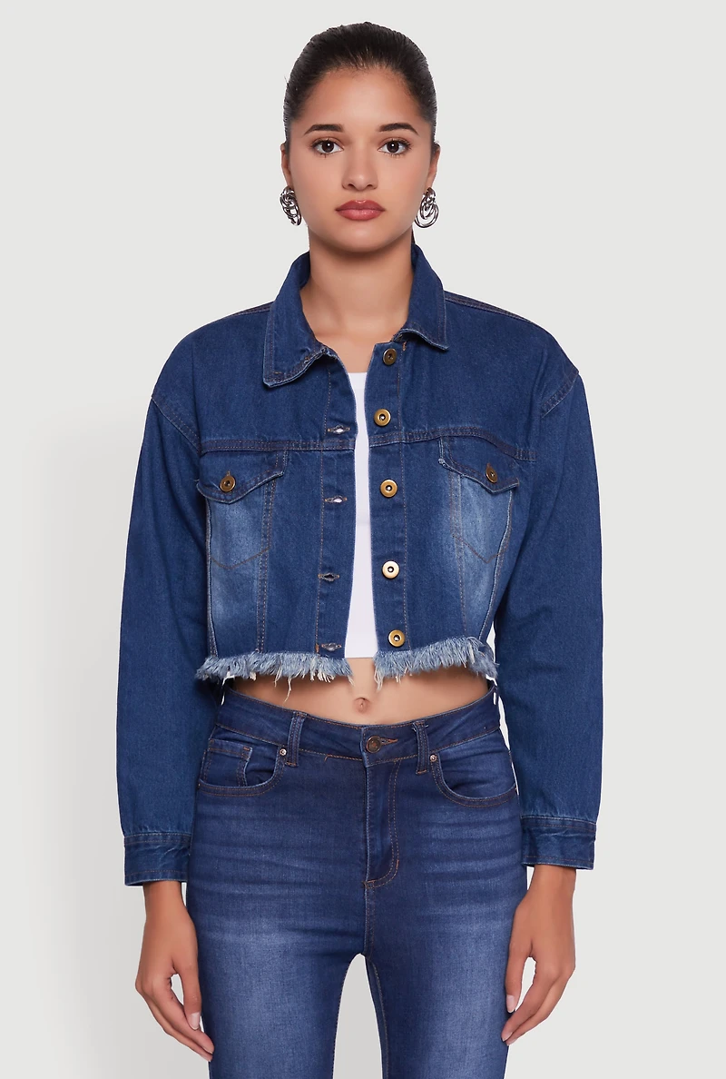 Womens Heart Graffiti Graphic Frayed Jean Jacket, Blue, Size L