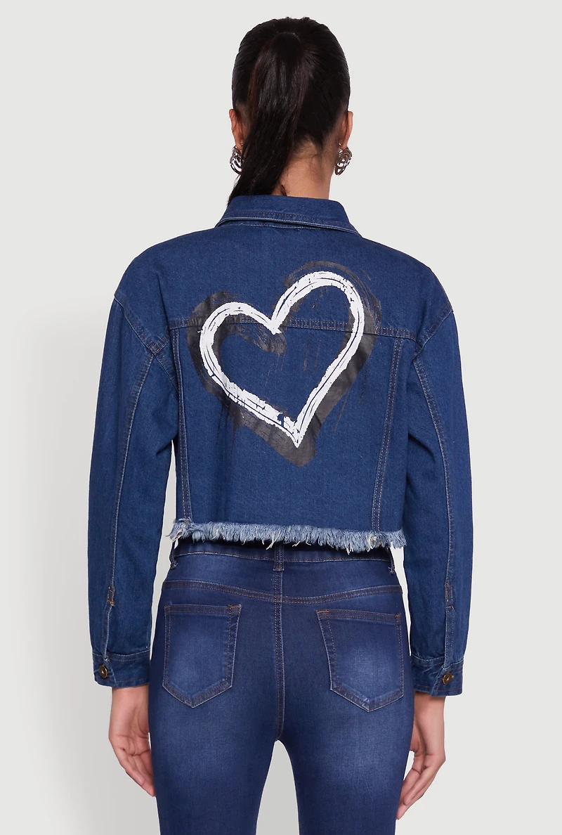 Womens Heart Graffiti Graphic Frayed Jean Jacket, Blue, Size L